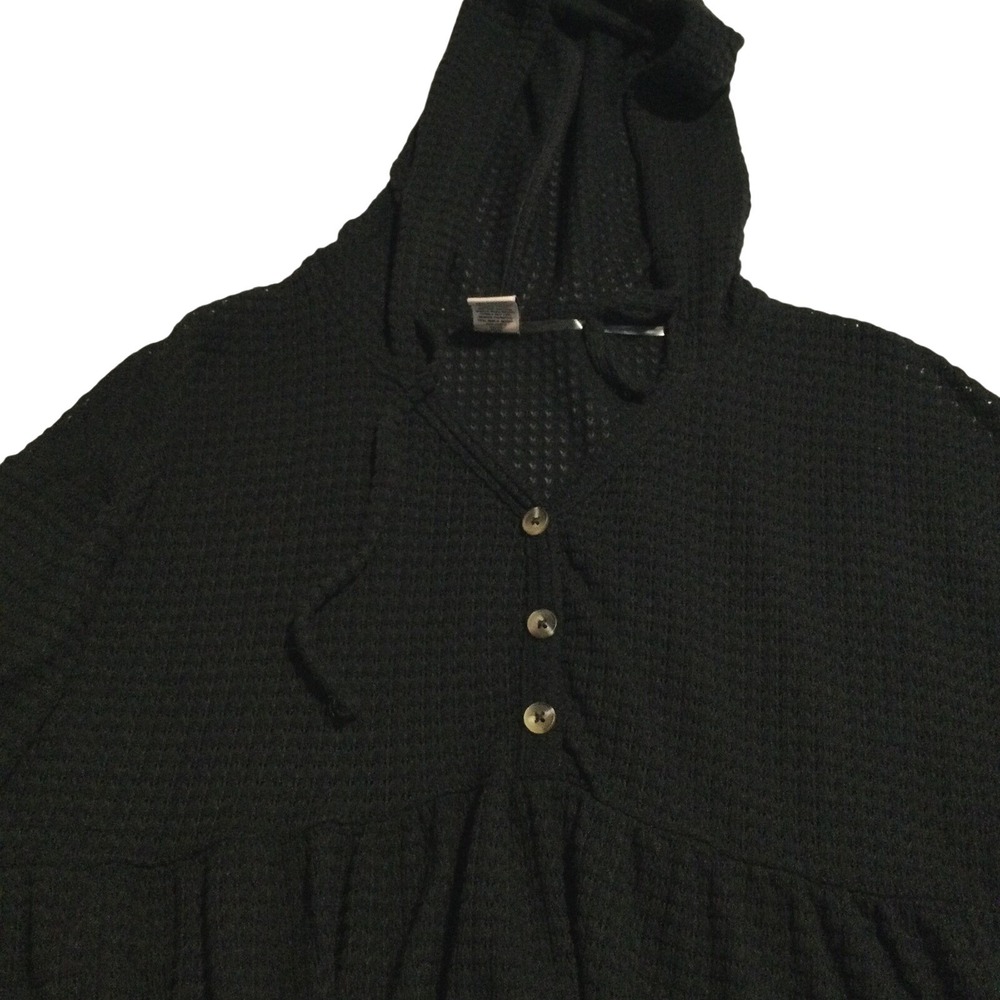 SO Womens Black Waffle Knit Babydoll Henley Hoodie Peplum Top‎ Medium